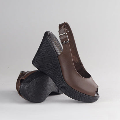 Froggie Shoes Shoes Slingback Peep Toe Wedge Sandal in Brown- 12943