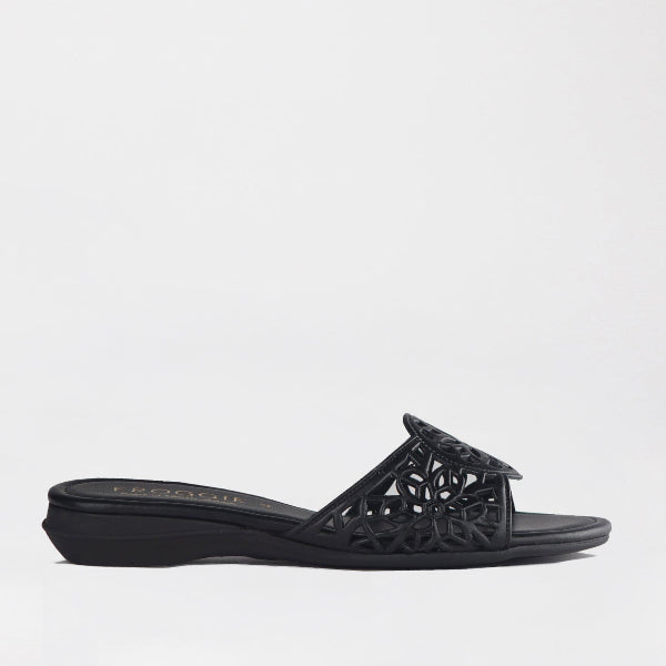 Froggie Shoes Shoes 3 / Black / 12916 Cut Out Mule Flat Sandal in black - 12916