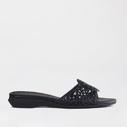 Froggie Shoes Shoes 3 / Black / 12916 Cut Out Mule Flat Sandal in black - 12916