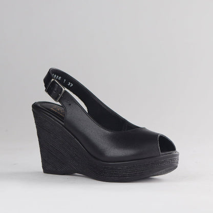 Froggie Shoes Shoes Slingback Peep Toe Wedge Sandal in Black - 12943