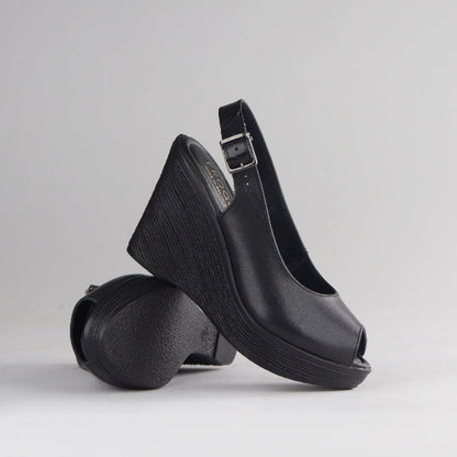 Froggie Shoes Shoes Slingback Peep Toe Wedge Sandal in Black - 12943