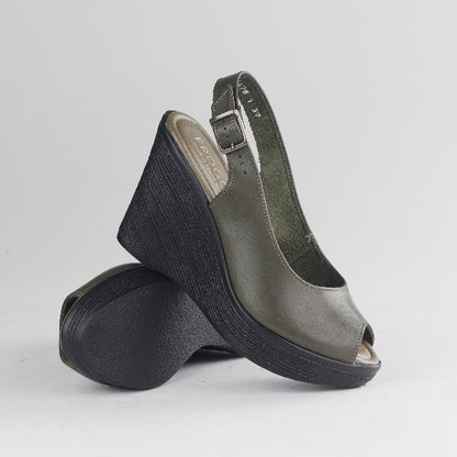 Froggie Shoes Shoes Slingback Peep Toe Wedge Sandal in Forest - 12943