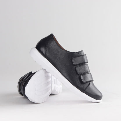 Froggie Women’s Sneaker- Velcro Fastening- Black Leather- 13044