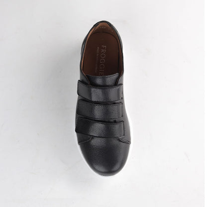  Froggie Women’s Sneaker- Velcro Fastening- Black Leather- 13044 - top angle