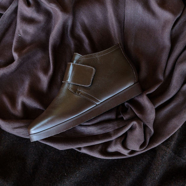 Froggie Shoes Shoes Square Toe Ankle Boot with Velcro Strap in Mocha Mousse - 12768