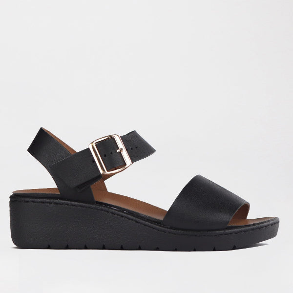 Froggie Shoes Shoes 4 / Black / 12877 Double Band Wedge Slingback Sandal with Removable Footbed in Black - 12877