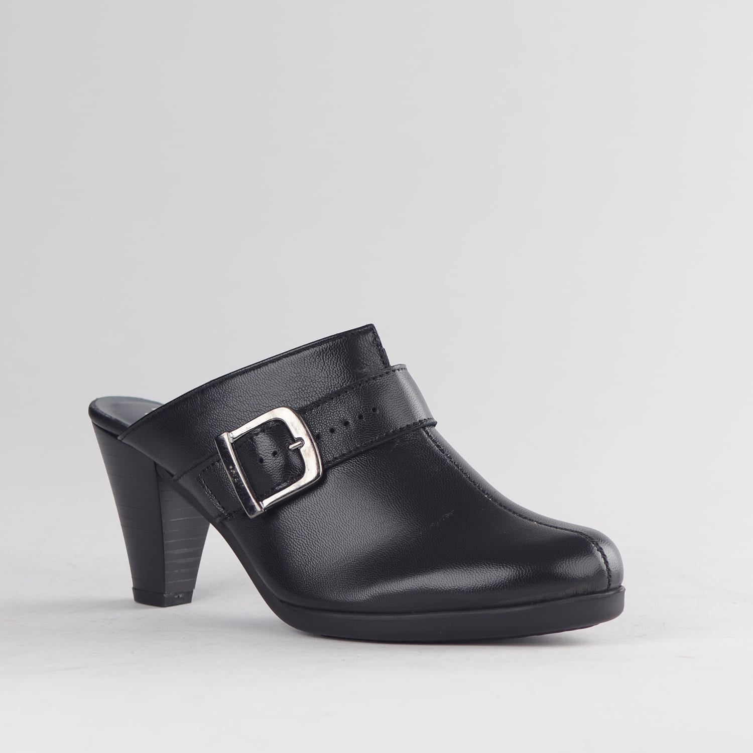Factory Shop Froggie Women’s Push-In Heeled Mule 13048 in black leather featuring slip-on design, cushioned insole, and stable block heel.