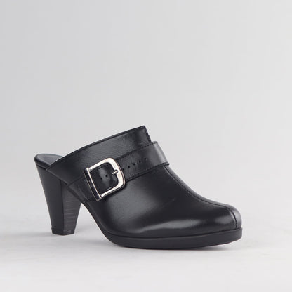 Factory Shop Froggie Women’s Push-In Heeled Mule 13048 in black leather featuring slip-on design, cushioned insole, and stable block heel.