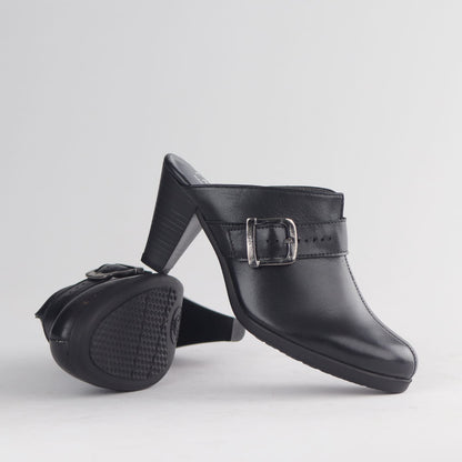 Froggie 13048 black leather women’s push-in heeled mule with open back, comfortable fit and elegant everyday wear style.