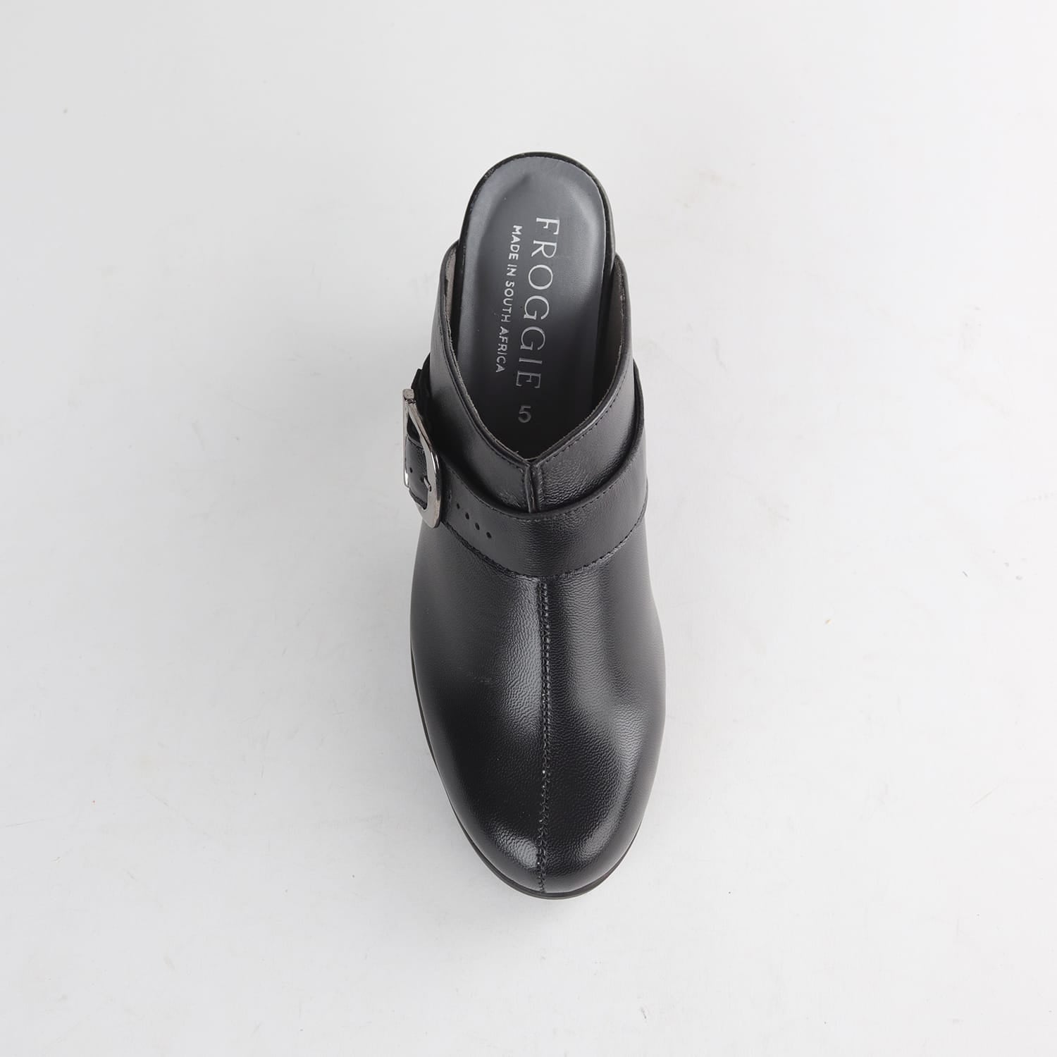 Women’s Froggie Heeled Mule 13048 in black leather with easy slip-on construction, supportive heel and versatile fashion design.