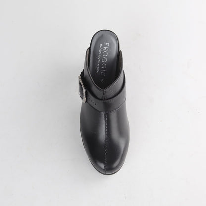 Women’s Froggie Heeled Mule 13048 in black leather with easy slip-on construction, supportive heel and versatile fashion design.