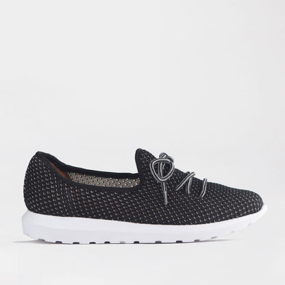 Factory Shop Shoes 4 / Black Multi / 13046 Froggie Women’s Featherlight Sneaker- Black Woven Fabric- 13046