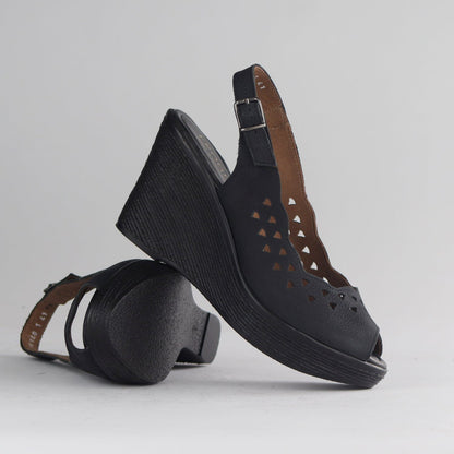 Factory Shop Shoes Cut-out Slingback Wedge Sandal in Black - 12934