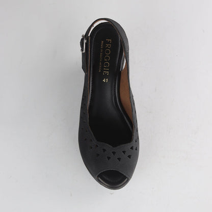 Factory Shop Shoes Cut-out Slingback Wedge Sandal in Black - 12934