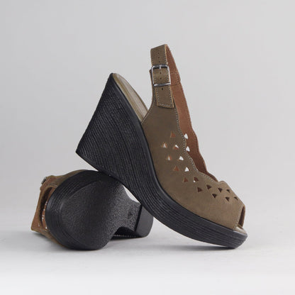 Factory Shop Shoes Cut-out Slingback Wedge Sandal in Forest- 12934