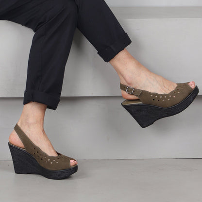 Factory Shop Shoes Cut-out Slingback Wedge Sandal in Forest- 12934