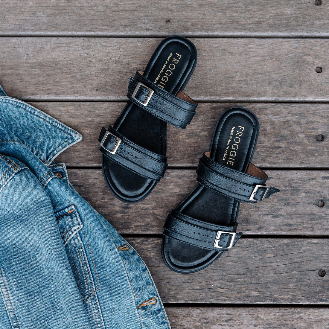 Factory Shop Shoes Double Buckle Slide in Black - 12919