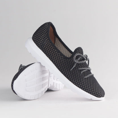 Factory Shop Shoes Froggie Women’s Featherlight Sneaker- Black Woven Fabric- 13046