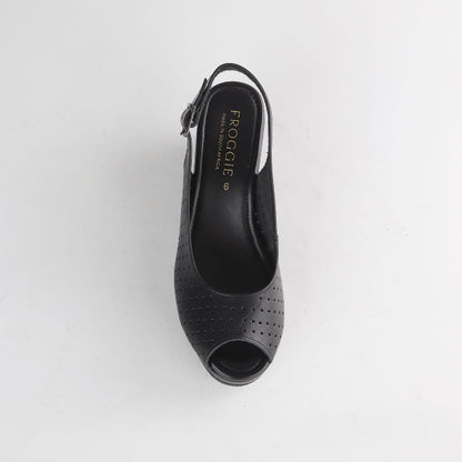 Froggie Women’s Slingback Wedge- Punch Detail-Peep Toe- Black leather- 13047 - top angle