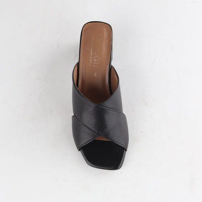 Froggie Shoes Sandals Froggie Womens  Block Heel Mule Sandal-Black Leather - 12738