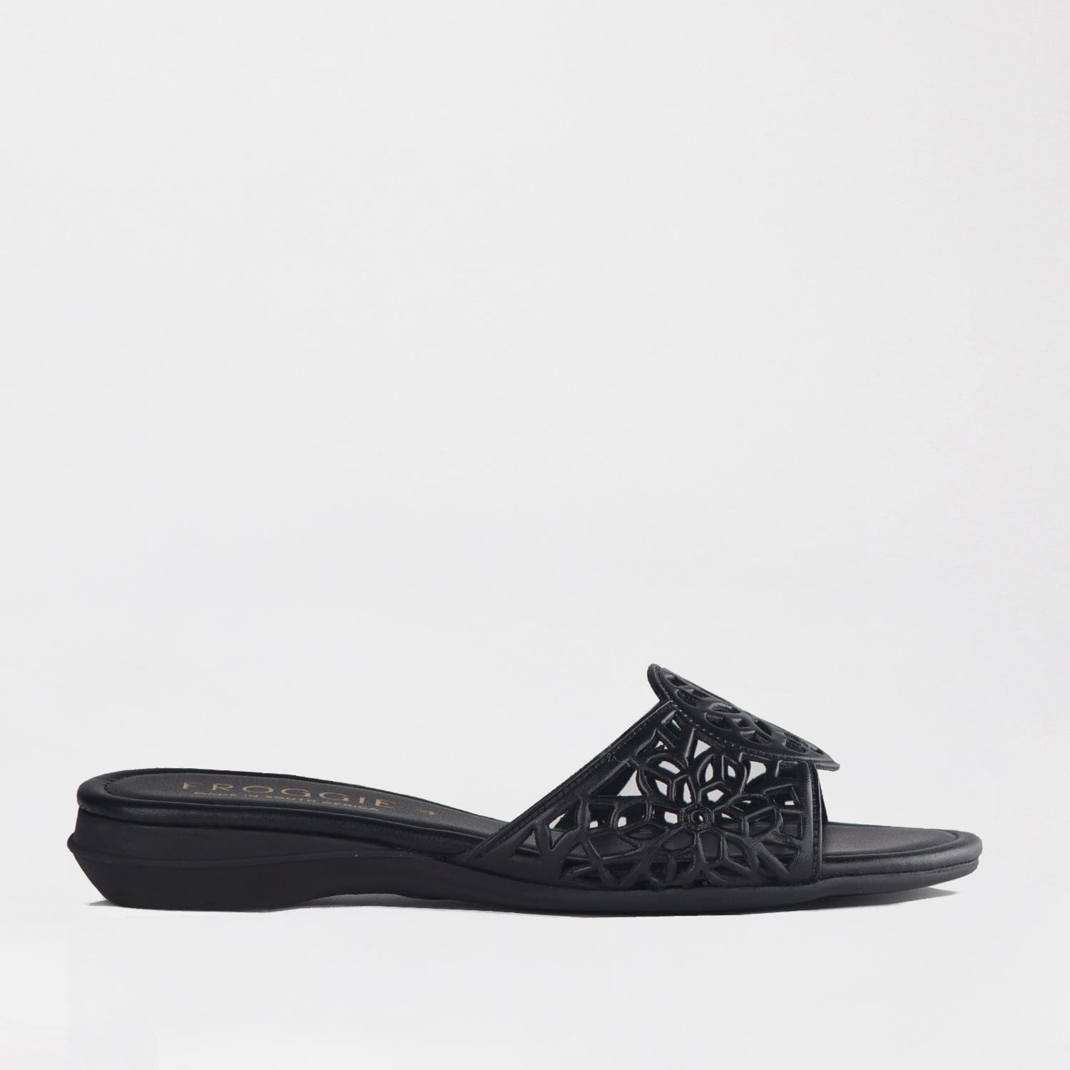 Froggie Shoes Shoes 3 / Black / 12916 Cut Out Mule Flat Sandal in black - 12916