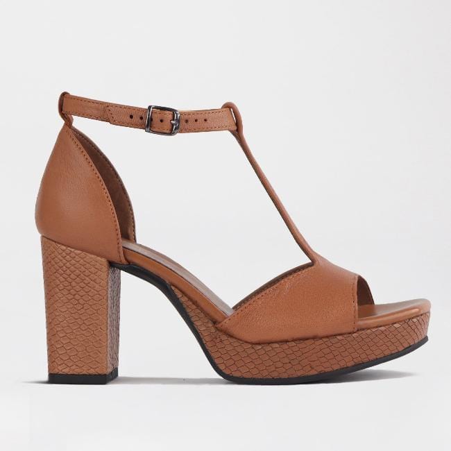 Froggie Shoes Shoes 4 / Tan / 12677 High Heel Platform T-Bar Sandal in Tan - 12677