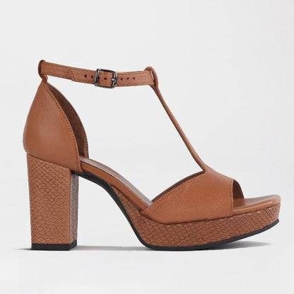 Froggie Shoes Shoes 4 / Tan / 12677 High Heel Platform T-Bar Sandal in Tan - 12677