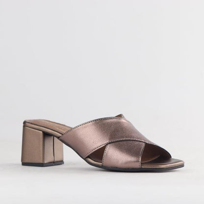 Froggie Shoes Shoes Crisscross Block Heel Mule Sandal in Lead Metallic - 12738
