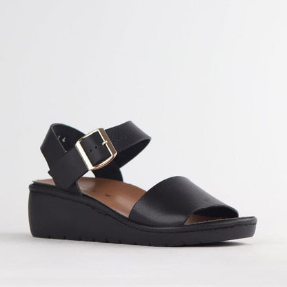 Froggie Shoes Shoes Double Band Wedge Slingback Sandal with Removable Footbed in Black - 12665