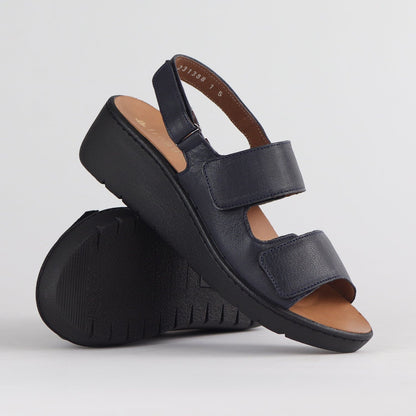 Froggie Shoes Shoes Double Band Wedge Slingback Sandal with Removable Footbed in Navy - 12533