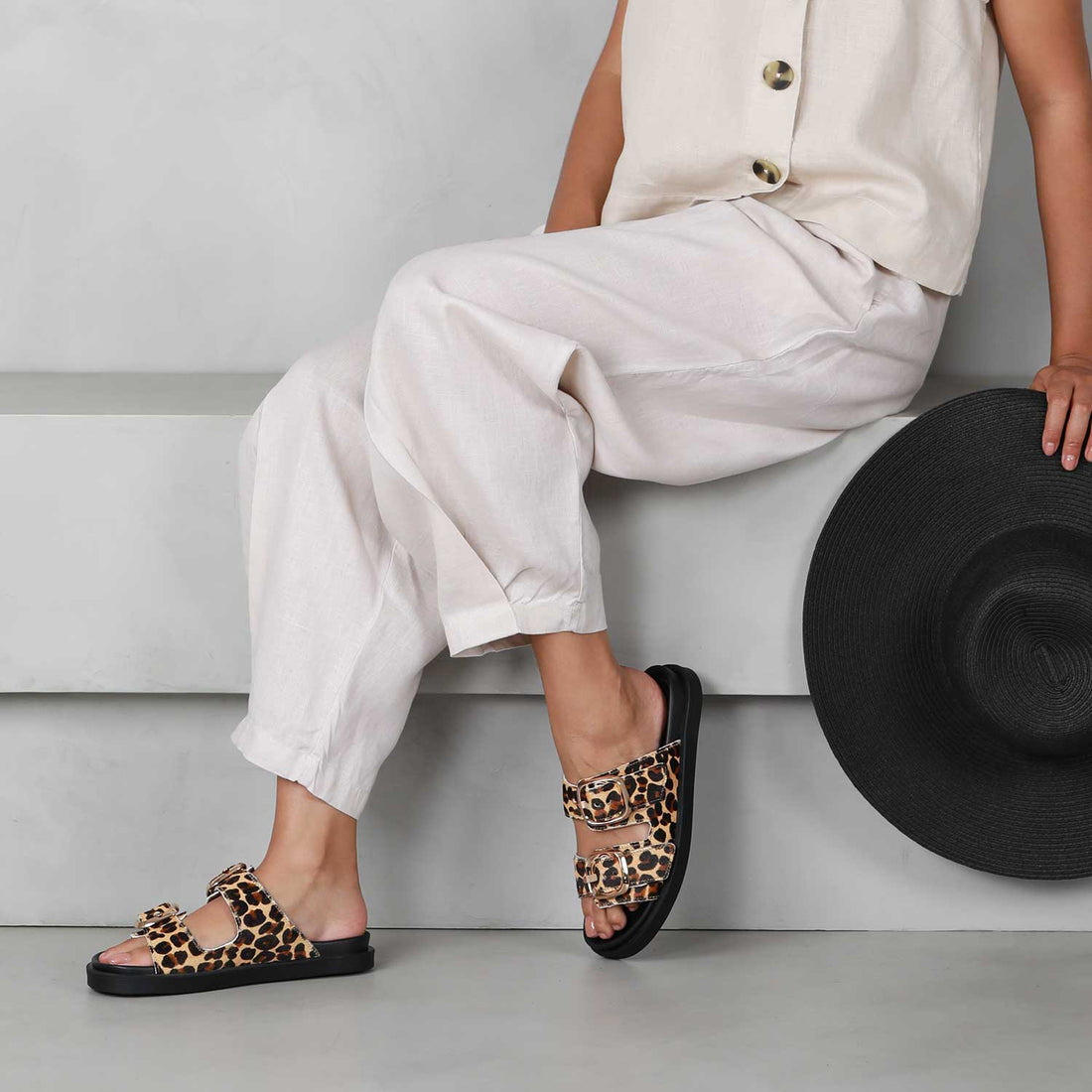 Froggie Shoes Shoes Double Buckle Slide in Cheetah Tan Multi - 12681