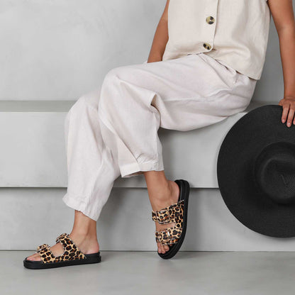 Froggie Shoes Shoes Double Buckle Slide in Cheetah Tan Multi - 12681