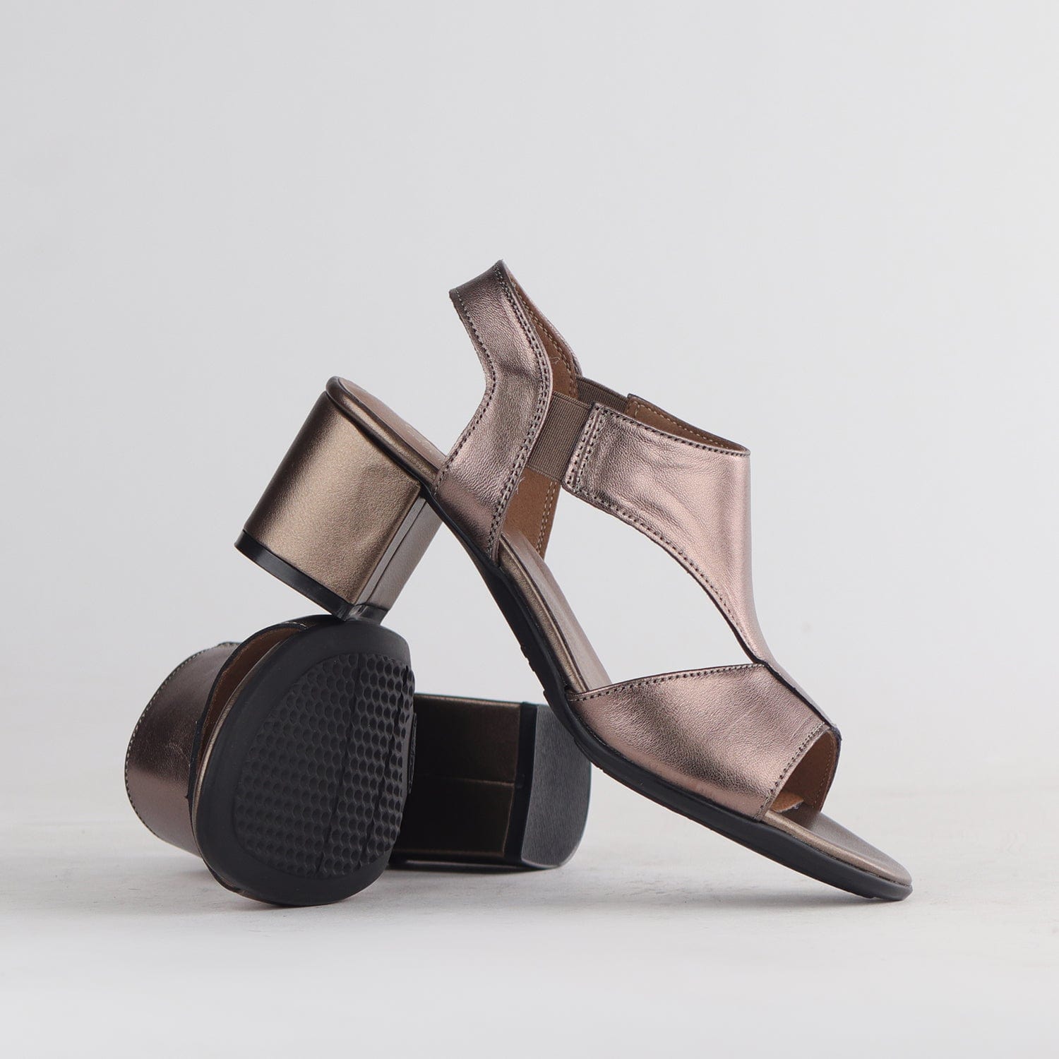 Froggie Shoes Shoes Elasticated Block Heel Sandal in Lead Metallic - 12818