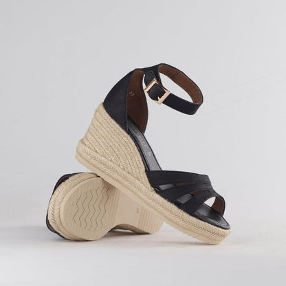 Froggie Shoes Shoes Espadrille Ankle Strap Wedge Sandal in Black - 12682