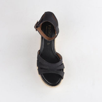 Froggie Shoes Shoes Espadrille Ankle Strap Wedge Sandal in Black - 12682