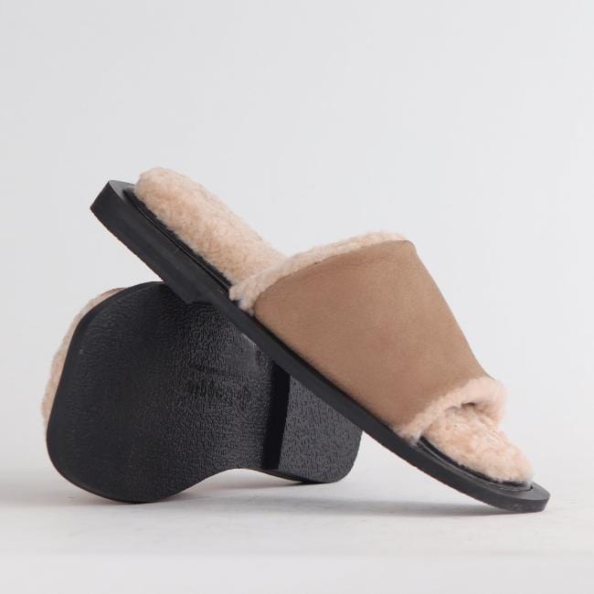 Froggie Shoes Shoes Flat Mule Sandal with Genuine Sheepskin lining in Stone - 12710