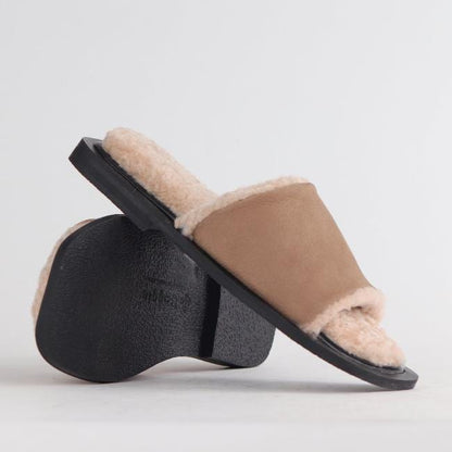 Froggie Shoes Shoes Flat Mule Sandal with Genuine Sheepskin lining in Stone - 12710