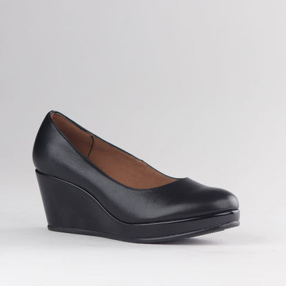 Froggie Shoes Shoes Froggie Women’s Wedge Pump- Black Leather and Patent Leather- 11168