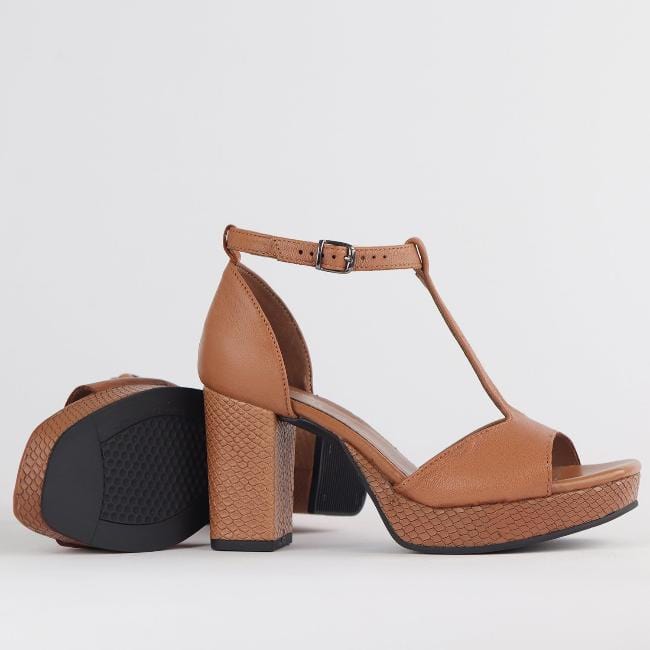Froggie Shoes Shoes High Heel Platform T-Bar Sandal in Tan - 12677