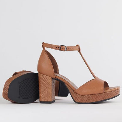 Froggie Shoes Shoes High Heel Platform T-Bar Sandal in Tan - 12677