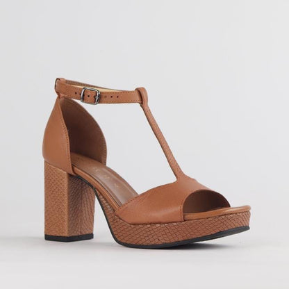 Froggie Shoes Shoes High Heel Platform T-Bar Sandal in Tan - 12677