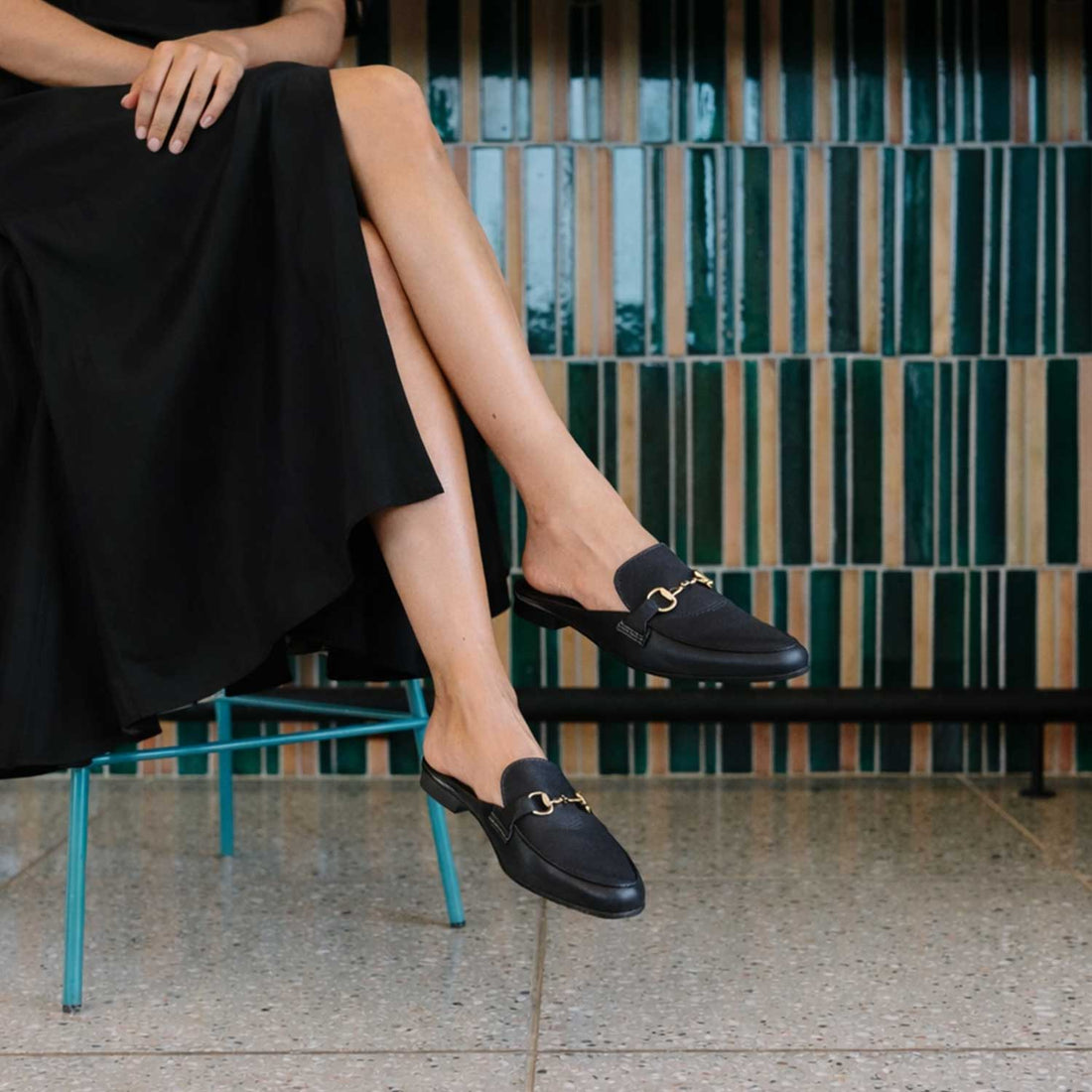 Froggie Shoes Shoes Open back Loafer with gold trim in Black - 12977