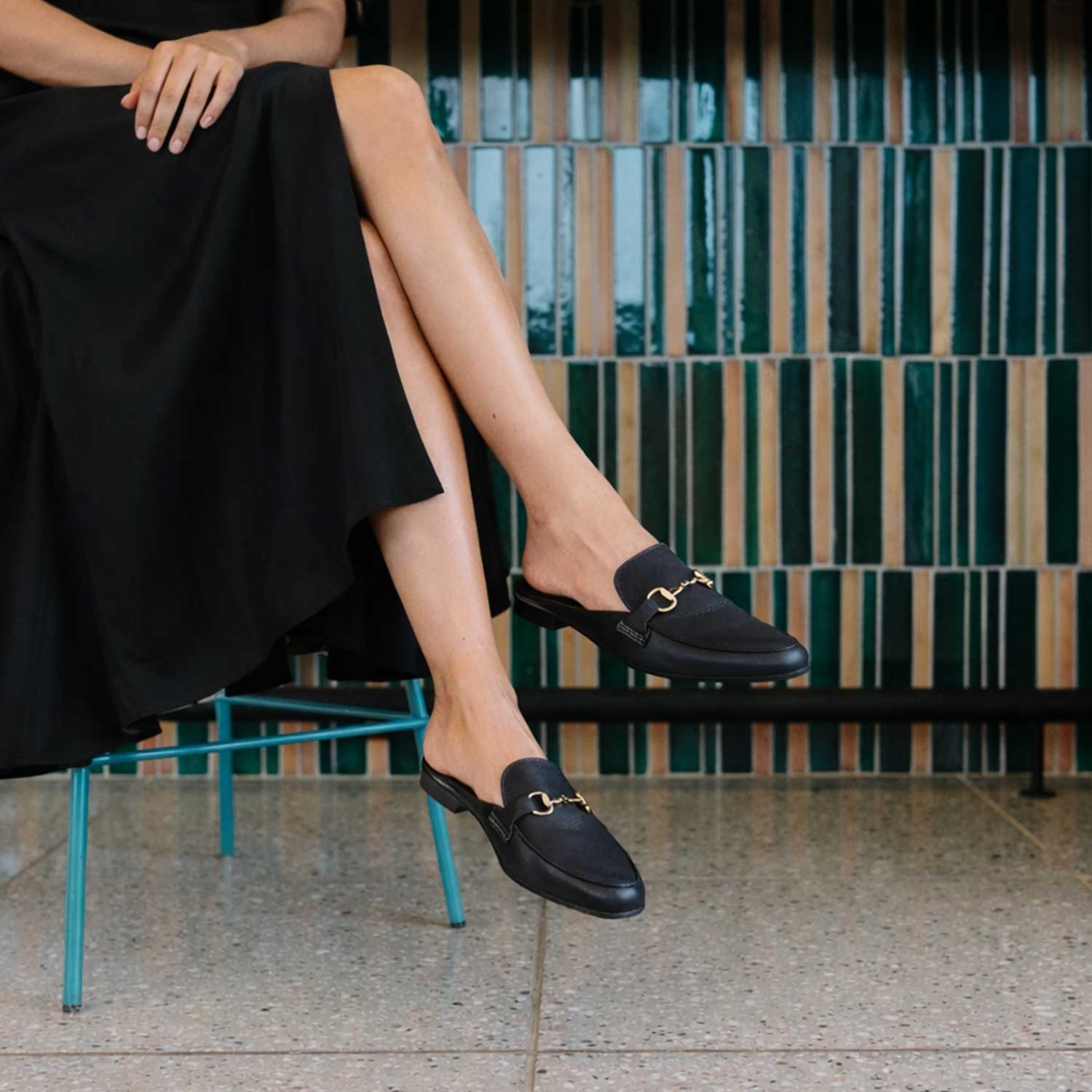 Froggie Shoes Shoes Open back Loafer with gold trim in Black - 12977