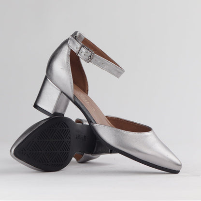 Froggie Shoes Shoes Pointed Block Heel with Ankle Strap in Pewter - 12802