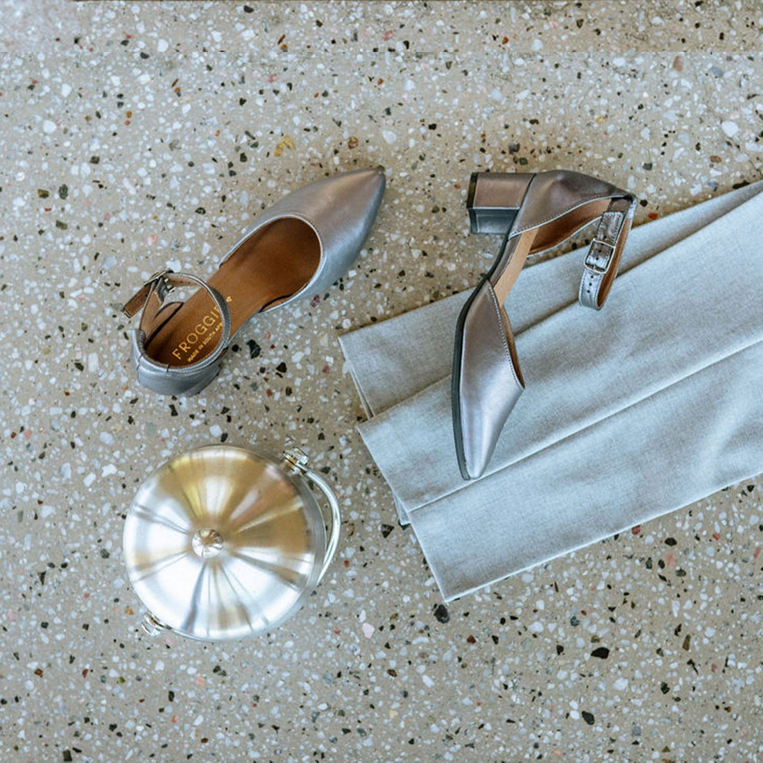 Froggie Shoes Shoes Pointed Block Heel with Ankle Strap in Pewter - 12802