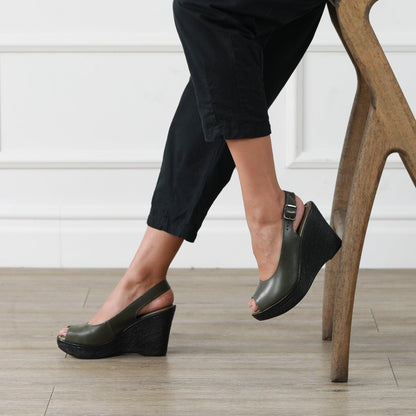 Froggie Shoes Shoes Slingback Peep Toe Wedge Sandal in Forest - 12943