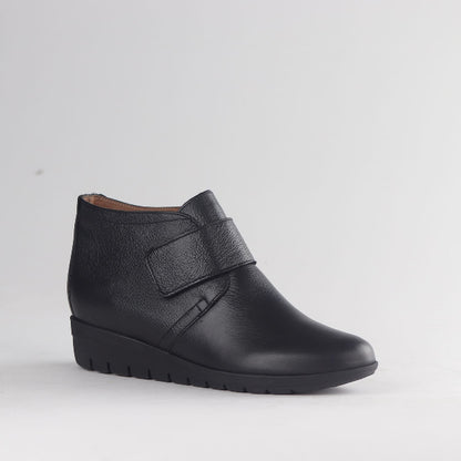 Froggie Shoes Women’s Ankle Boot- Velcro Fastening- Black Leather- 12251 - single - side - angle