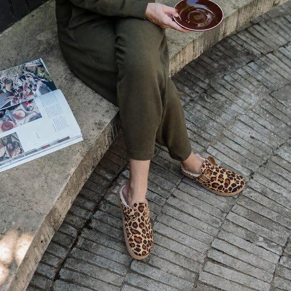 Froggie Shoes Women’s Barefoot Furlined Clog- Cheetah Print Leather- 12898