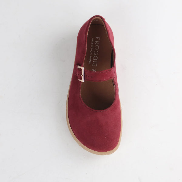 Froggie Women’s Barefoot Mary Jane- Removable Footbed- Burgandy Suede -12972 - top angle