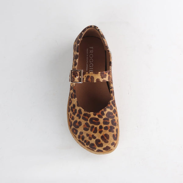 Froggie Shoes Women’s Barefoot Mary Jane- Removable Footbed- Cheetah Print Leather 12972 - top angle